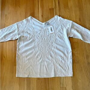 Chico's  size 3 (XL) Ecru/Gold Double V Neck Baroque Pullover Sweater short slv